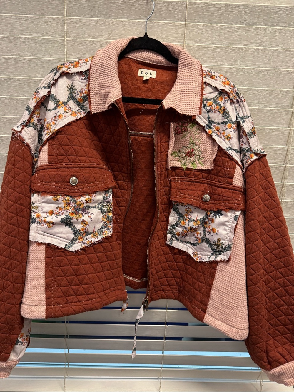 POL Quilted Patchwork Jean Jacket in Rust & Pale Pink